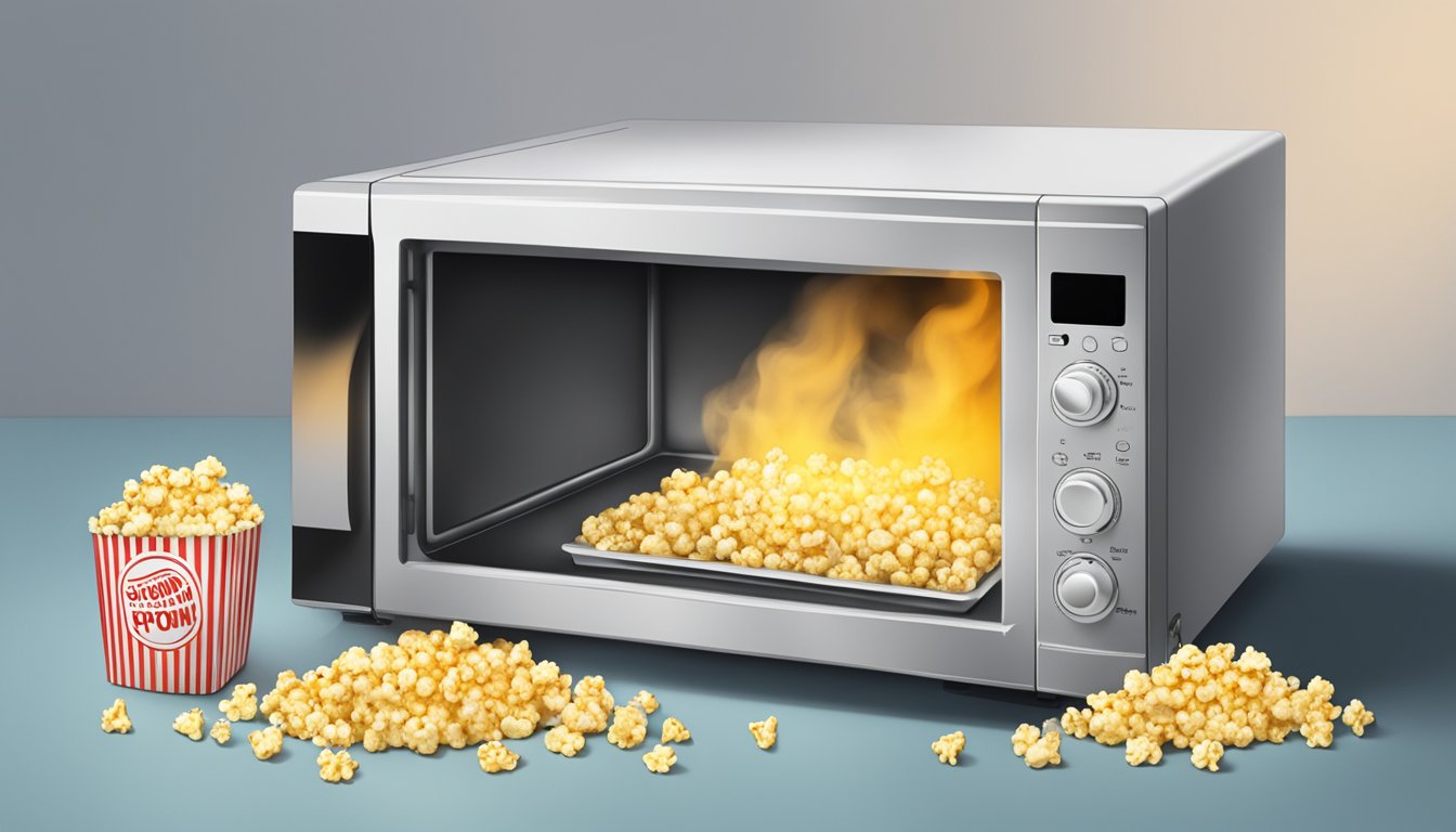 A microwave with smoke coming out and a bag of burnt popcorn inside