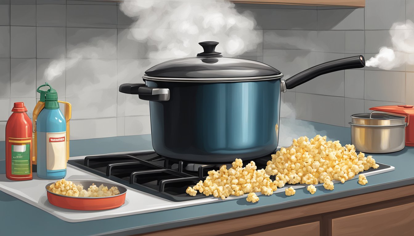 A blackened pot of popcorn sits on a stovetop, smoke rising. An open window lets in fresh air as a hand reaches for a nearby fire extinguisher