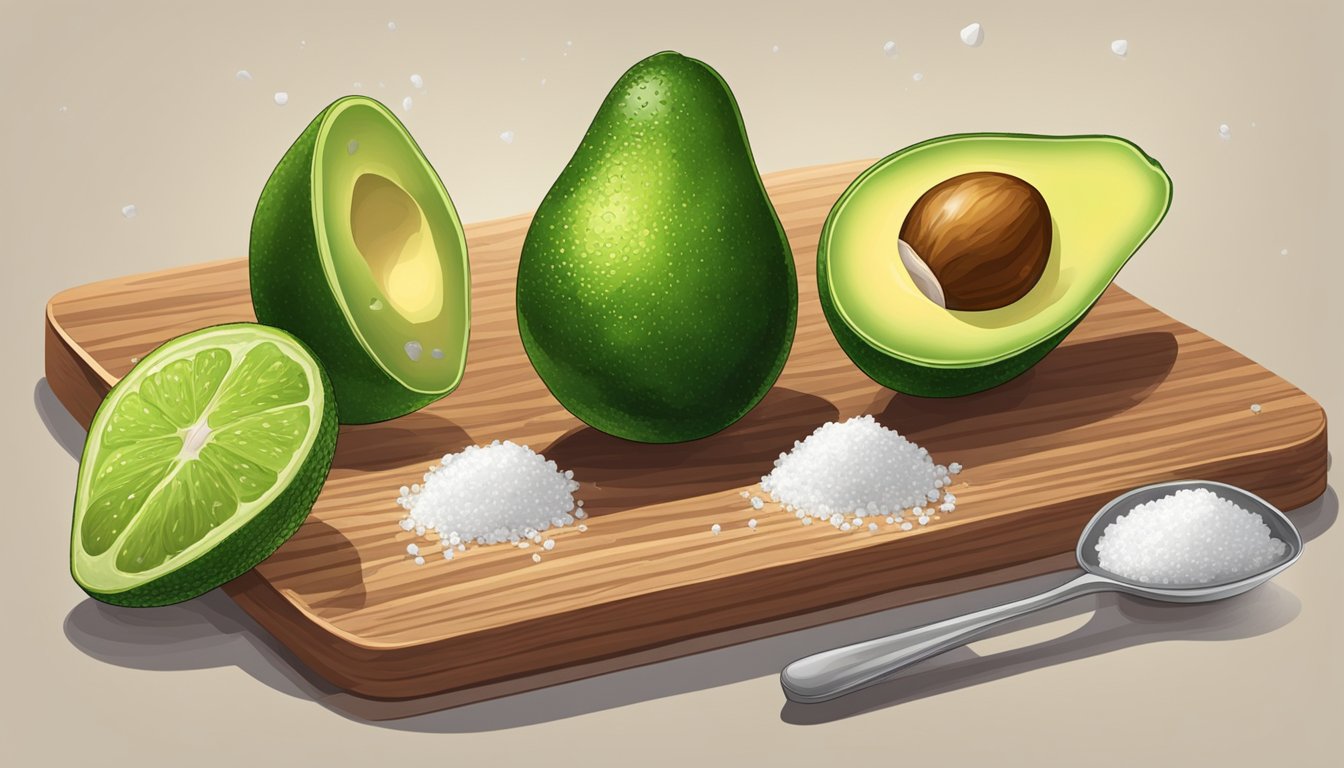 Ripe avocados, lime, and salt on a cutting board. A spoon scoops out the flesh and mashes it in a bowl