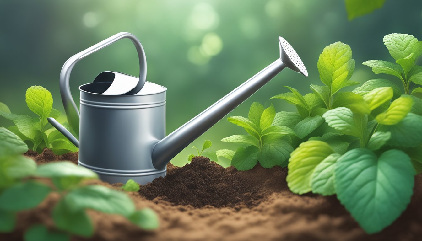 Fresh soil, watering can, and sunlight revive limp mint leaves