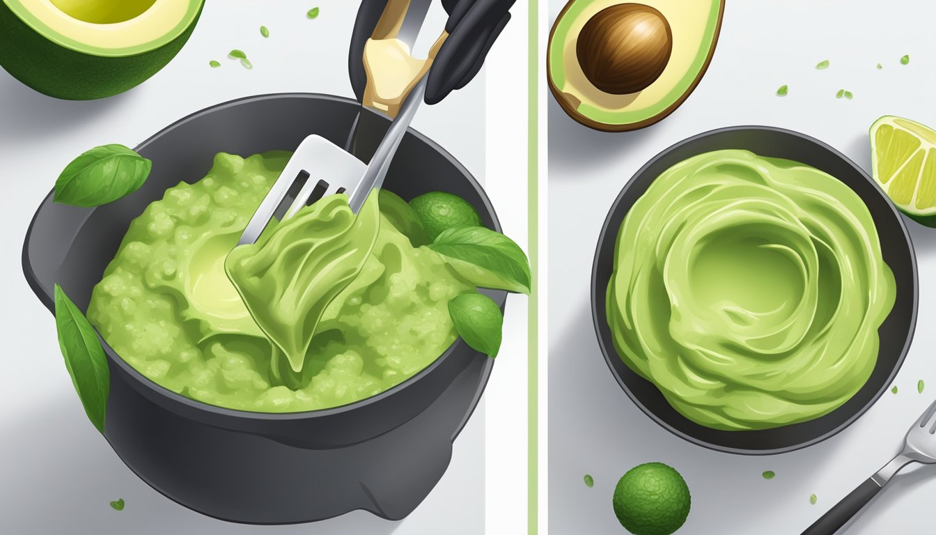 Ripe avocados being mashed with a fork, lime juice being added, and the mixture being stirred until achieving a smooth and creamy consistency