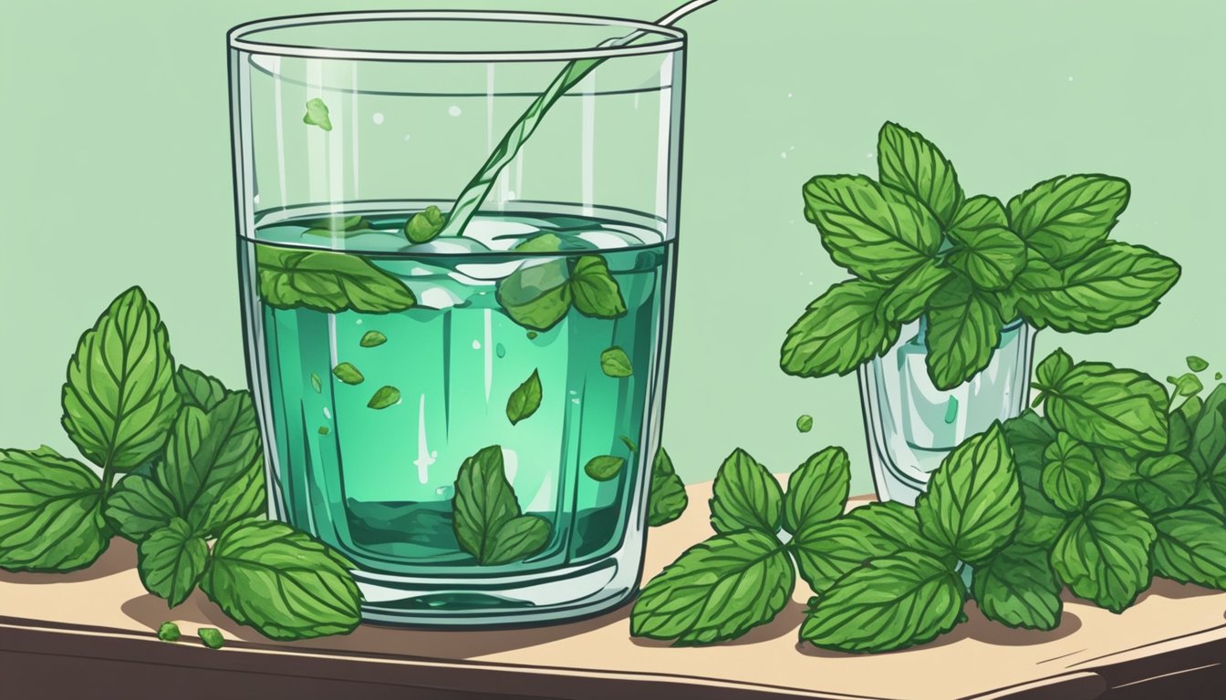 Fresh mint leaves drooping in a glass of water, surrounded by wilted leaves. A hand reaches for the leaves, preparing to revive them