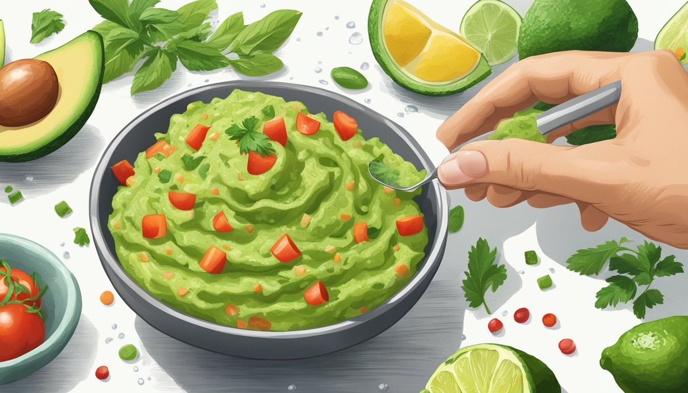 A hand sprinkling seasoning onto a bowl of watery guacamole, while fresh ingredients sit nearby