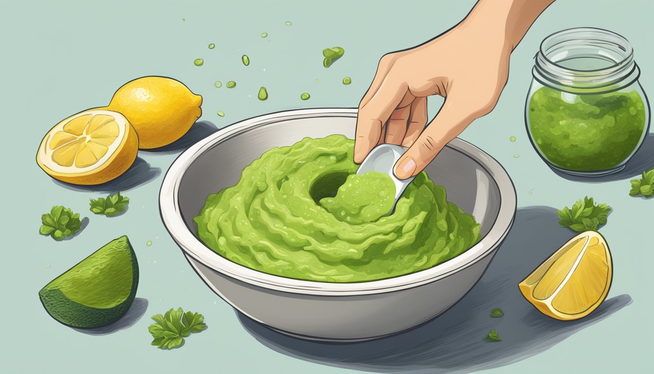 A hand mixing thickening agent into a bowl of watery guacamole