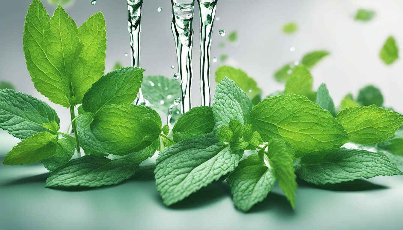 Fresh water dripping onto wilted mint leaves, reviving them to vibrant green