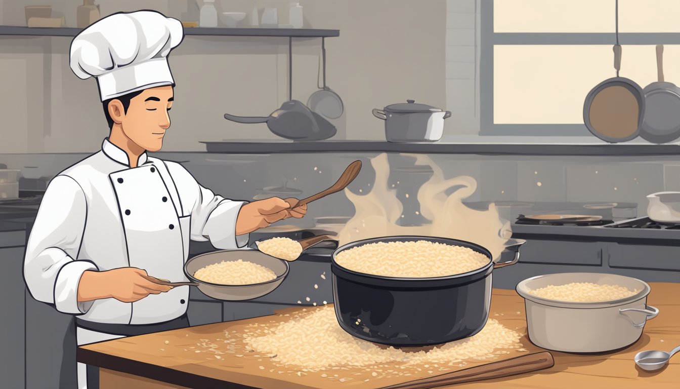 A chef carefully scoops out overcooked rice pudding from a pot, salvaging the edible portions while leaving behind the burnt residue