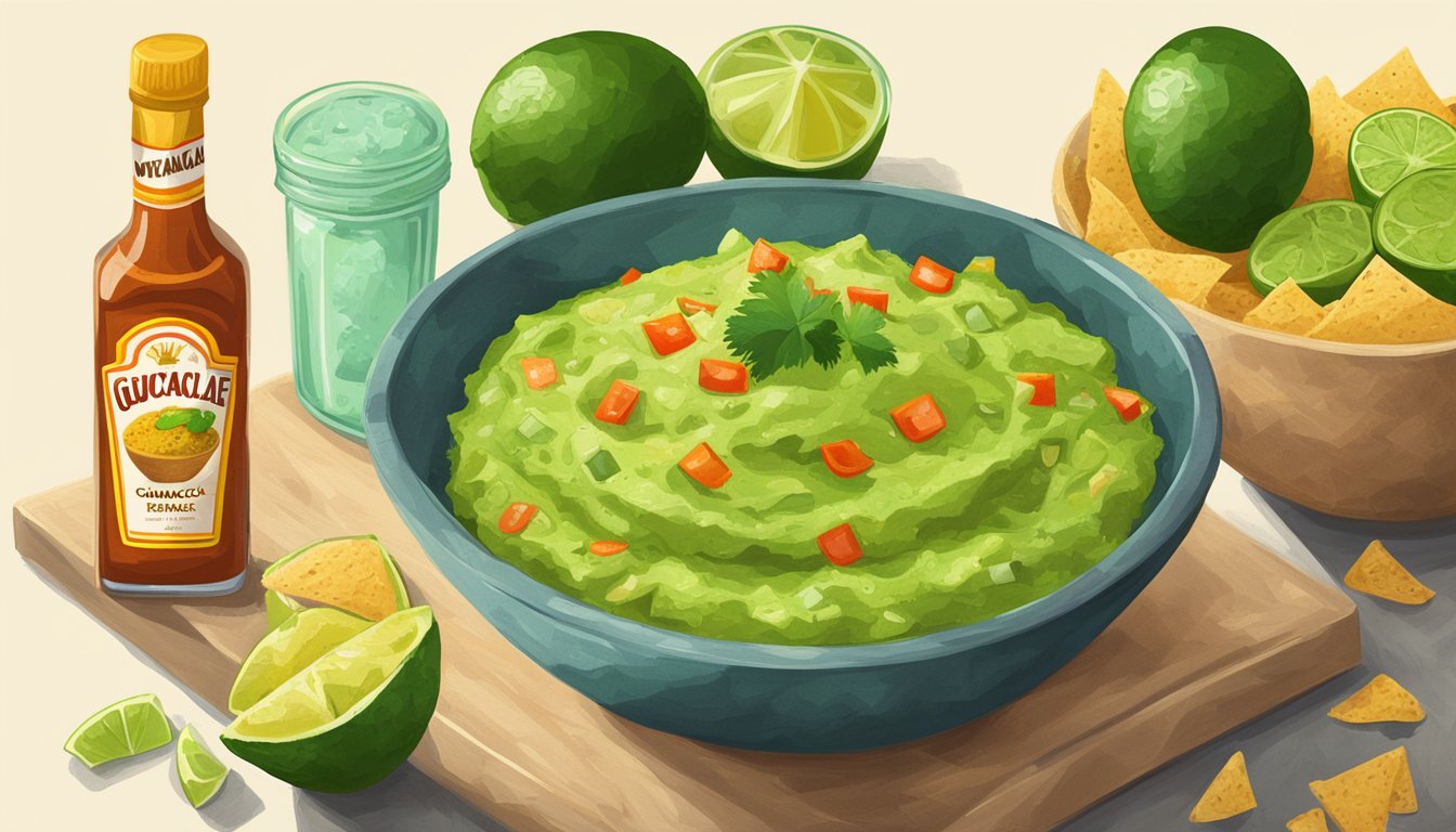 A bowl of watery guacamole next to a pile of tortilla chips, a lime, and a bottle of hot sauce