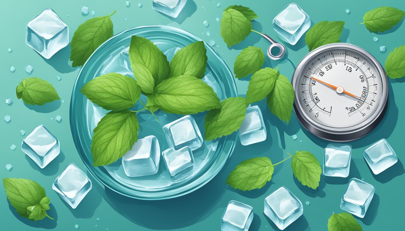 Limp mint leaves submerged in cold water, surrounded by ice cubes and a thermometer showing a low temperature