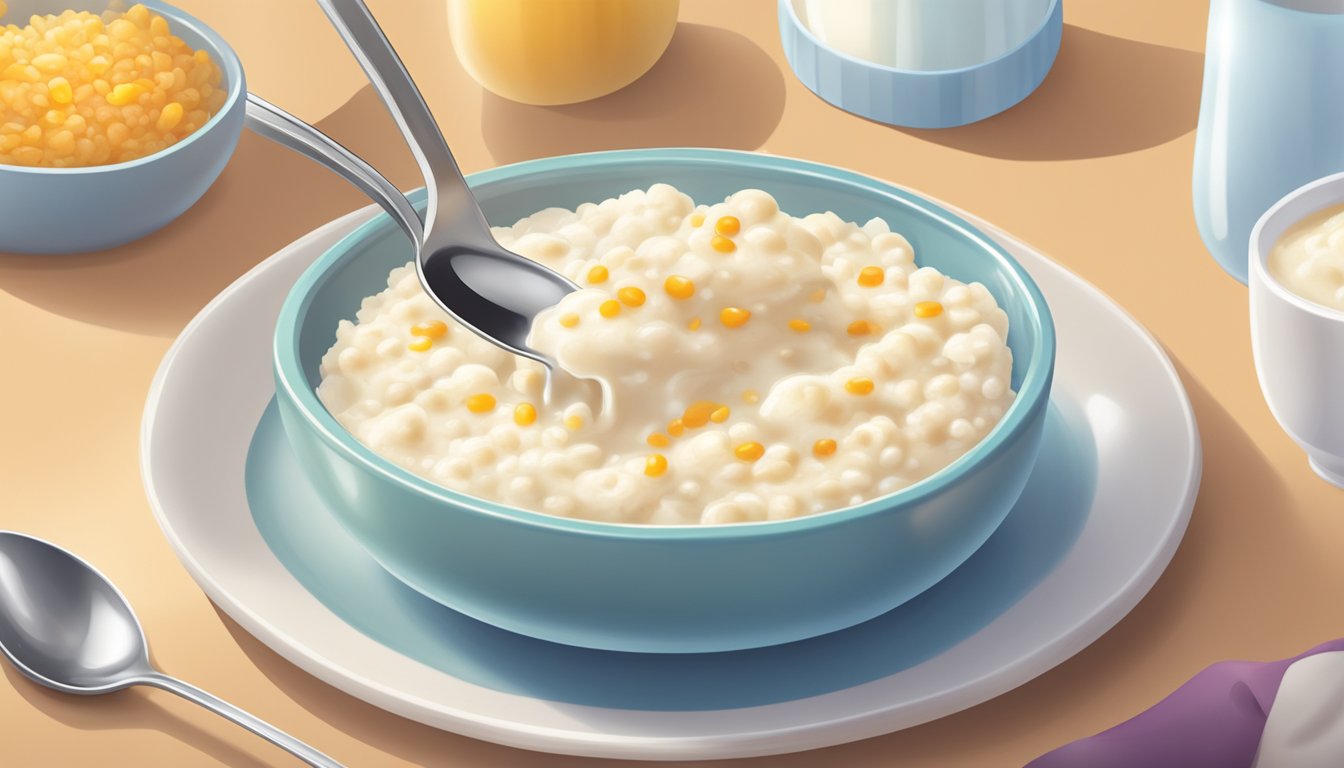 A pot of overcooked rice pudding being scooped out onto a plate, with a spoon stirring in a dollop of milk