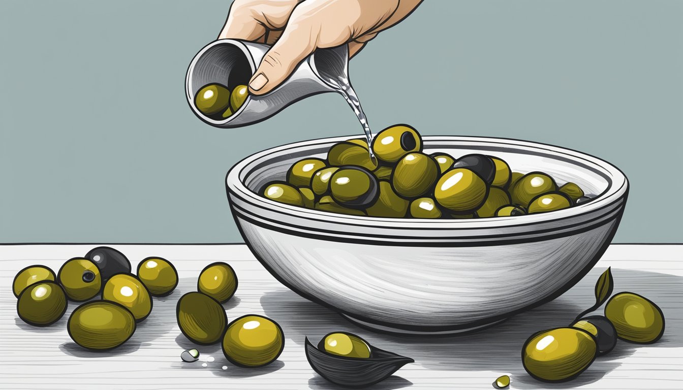 A hand pouring water over a bowl of olives, with a salt shaker nearby