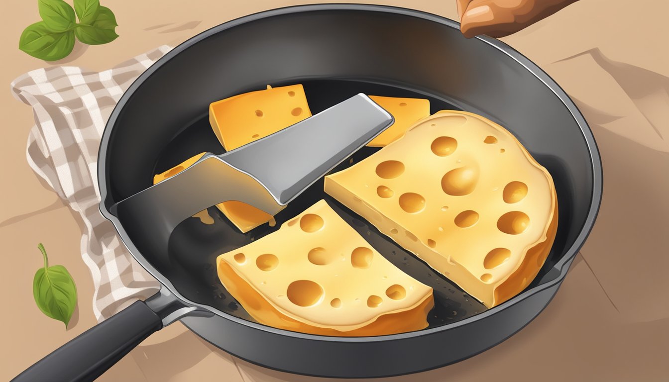 A piece of burnt cheese is being carefully removed from a hot pan with a spatula