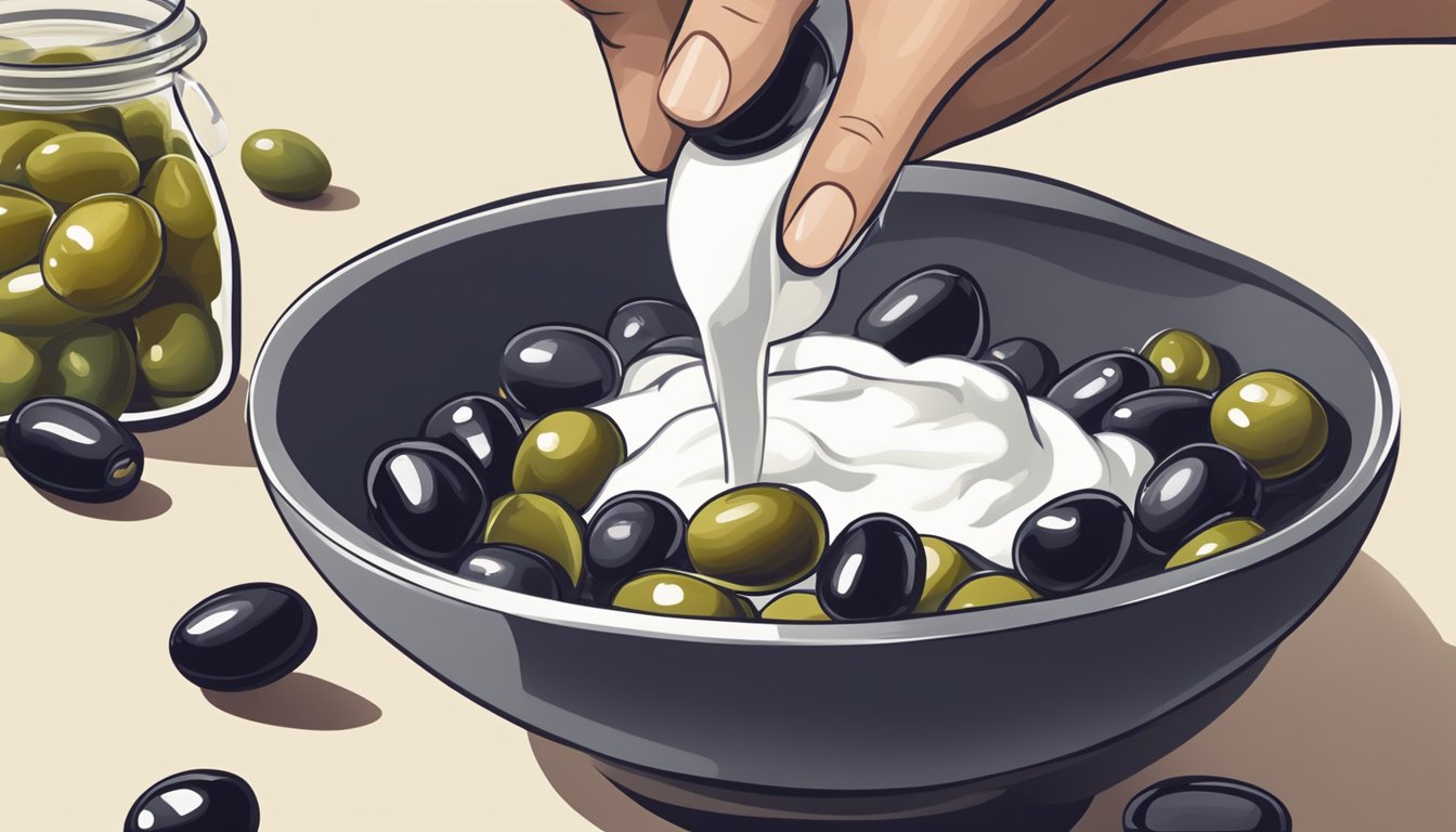 A hand pouring a small amount of sugar into a bowl of olives to counteract their saltiness