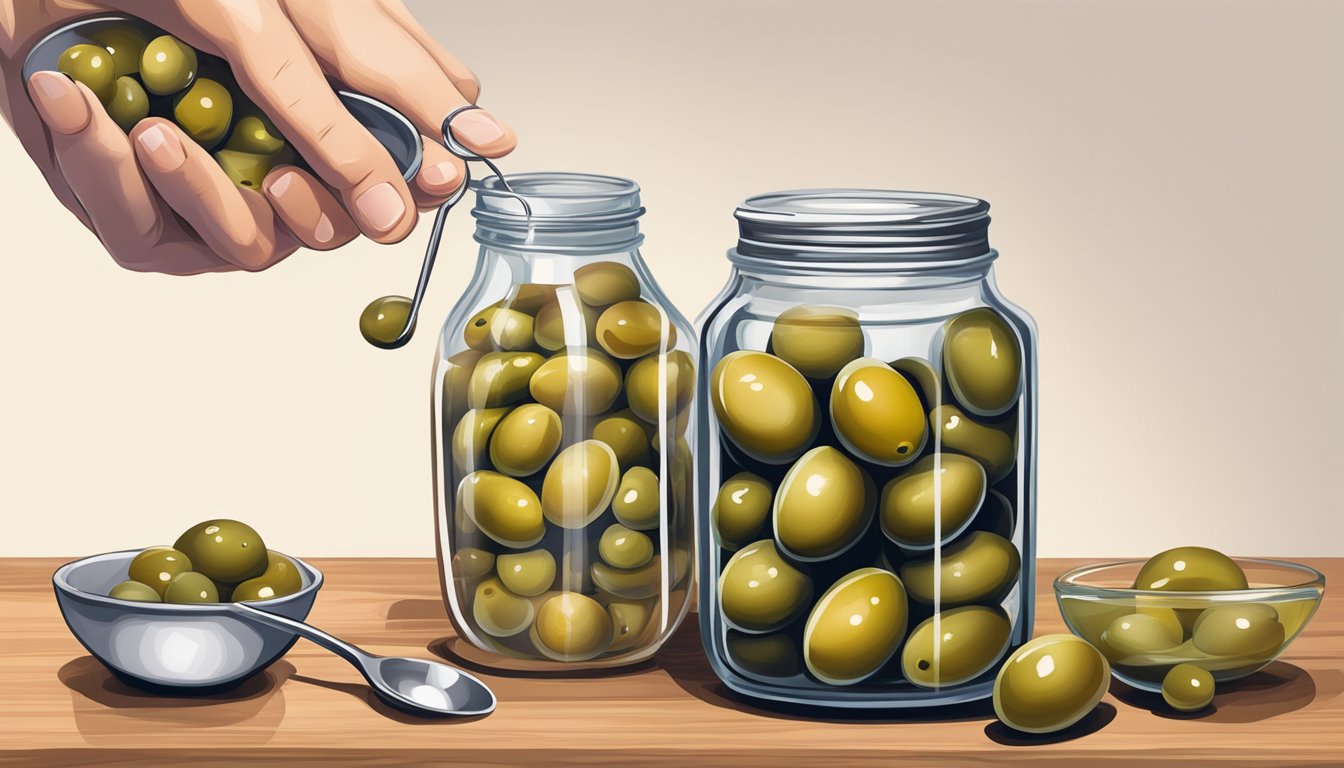 A hand holding a jar of olives, with a measuring spoon adding sugar to balance out the saltiness