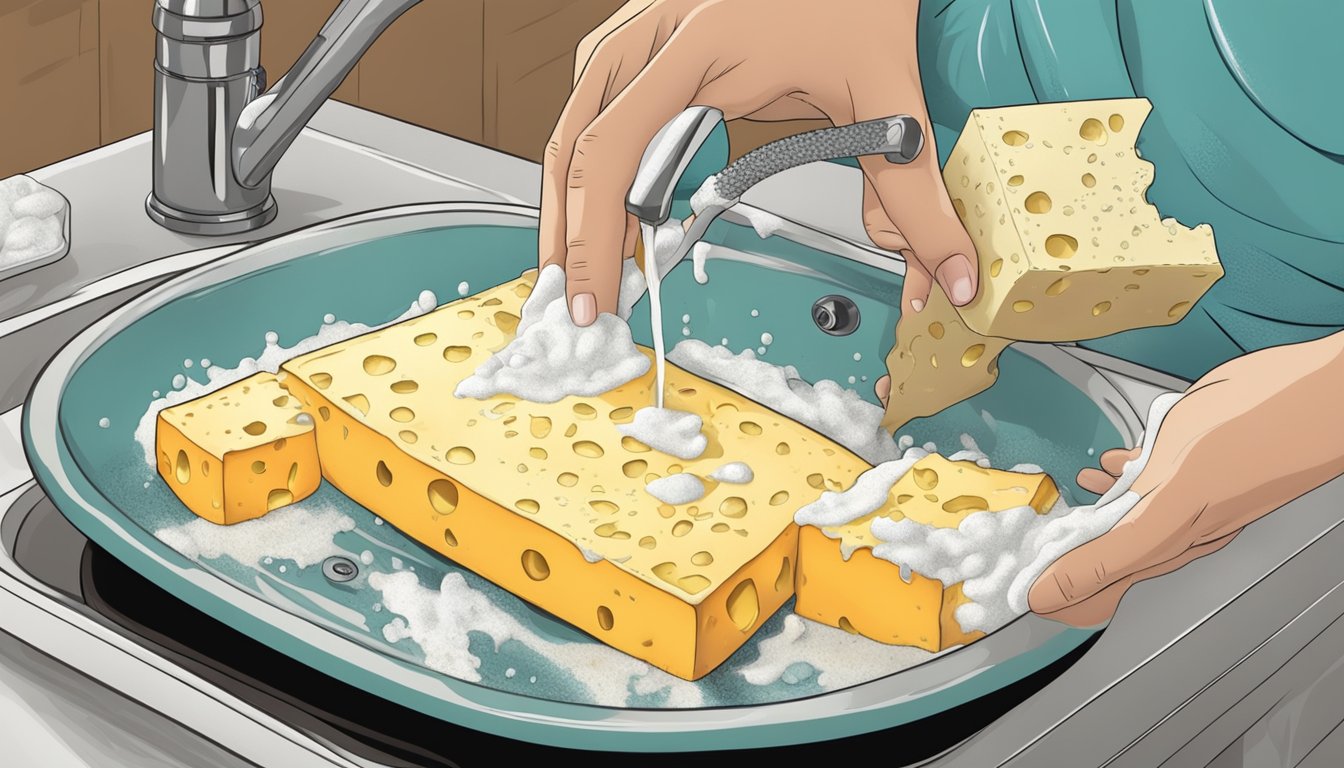 A hand reaching into a sink filled with soapy water and scrubbing a burnt cheese-covered dish with a sponge