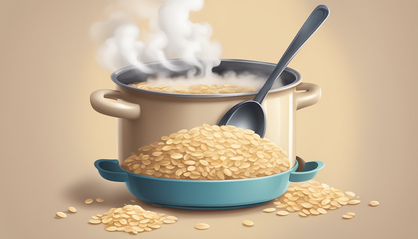 Overcooked oatmeal in pot, steam rising, spoon nearby