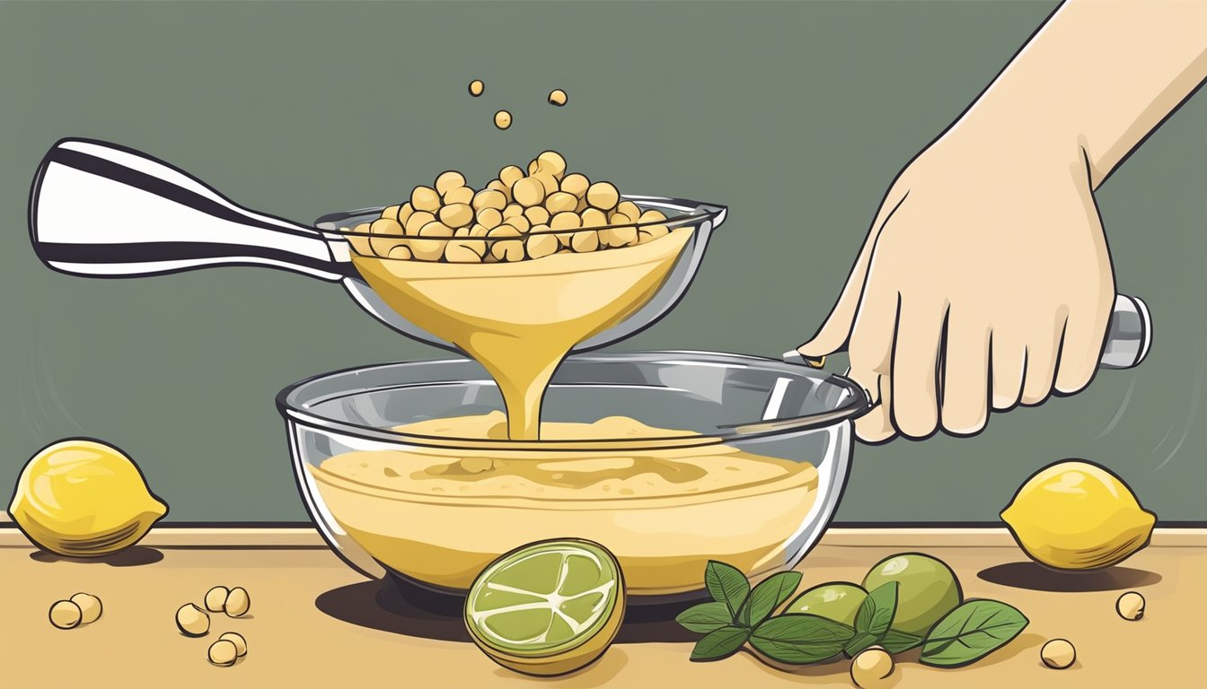 A hand blender mixing chickpeas and olive oil into a thick, creamy hummus. Lemon juice and tahini are added to adjust the consistency