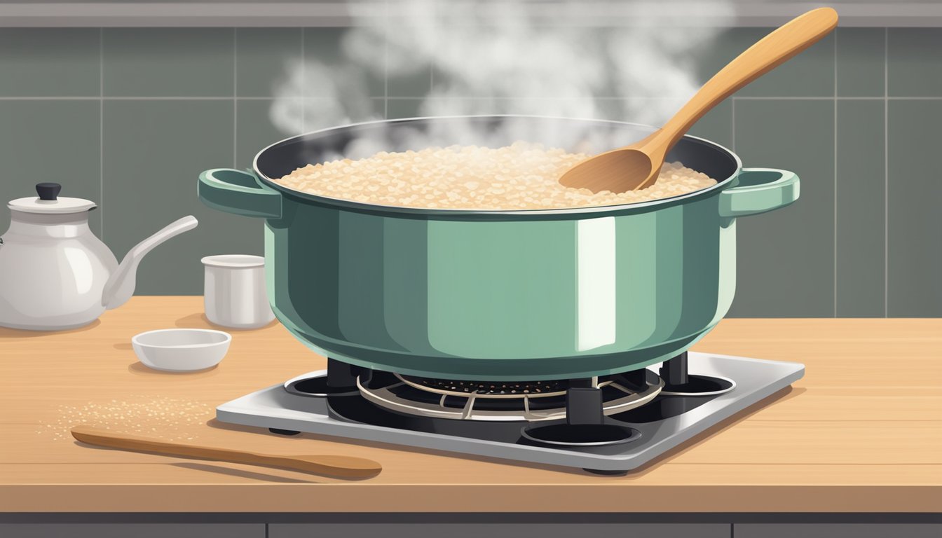 A pot of oatmeal boiling over on a stovetop, with steam rising and a wooden spoon nearby