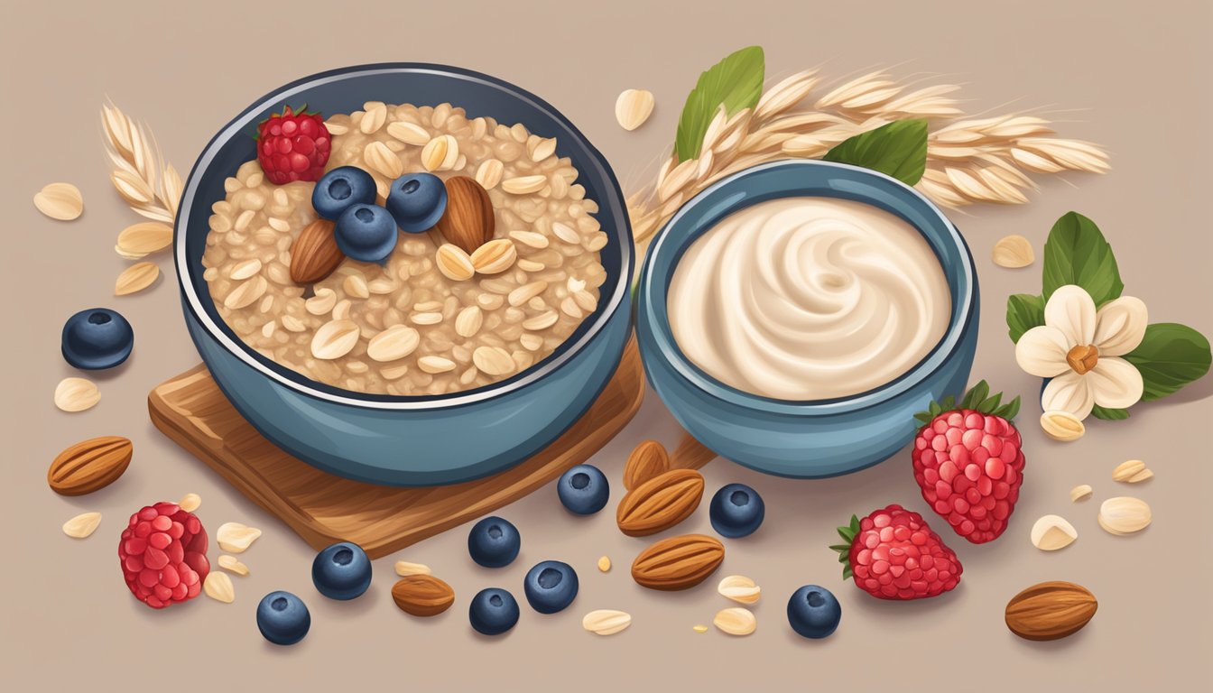 A steaming bowl of oatmeal being stirred with berries and nuts added for texture