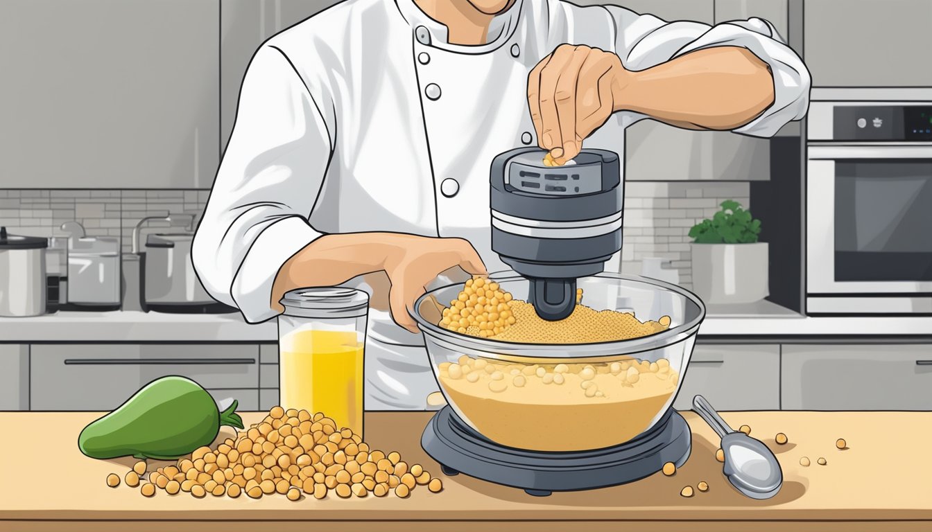 A chef adds extra chickpeas to thicken watery hummus in a food processor. Lemon juice and tahini sit nearby