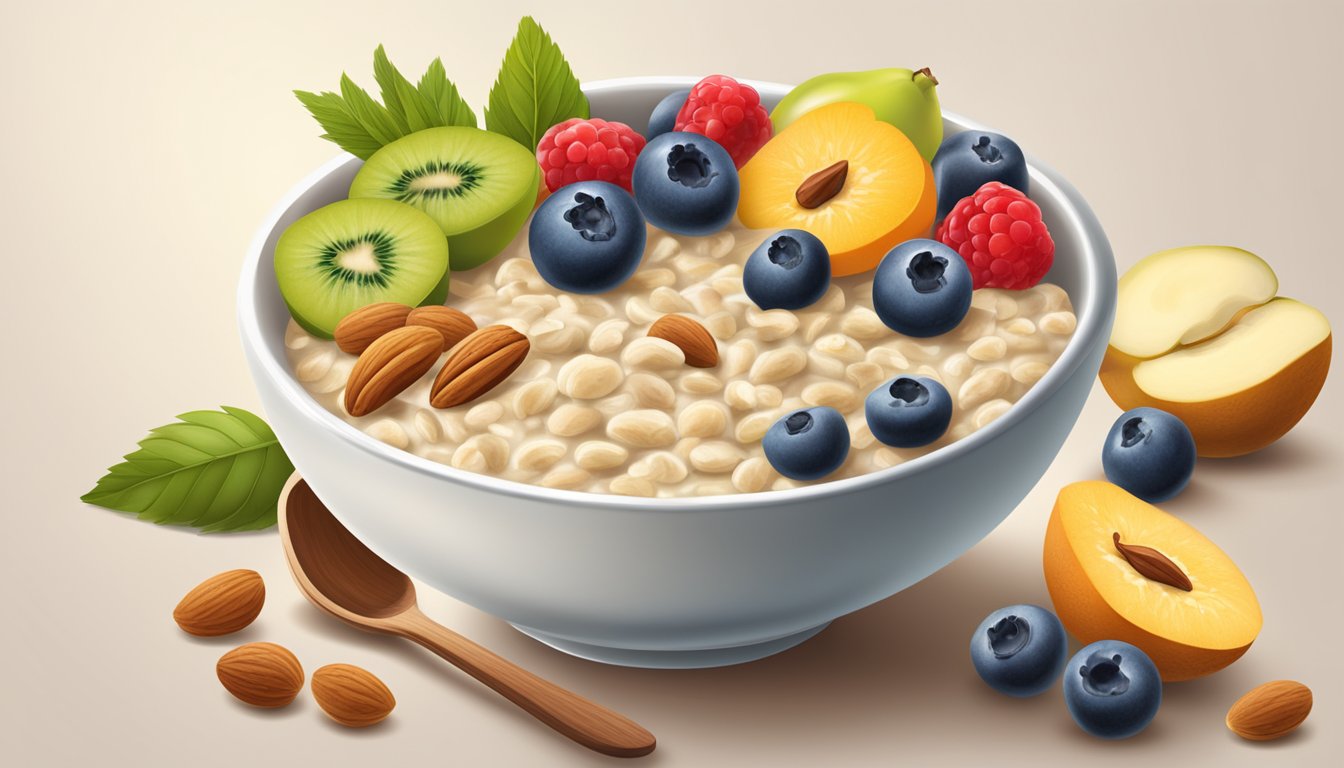 A bowl of oatmeal surrounded by fresh fruits and nuts, with a spoon dipping into the creamy texture