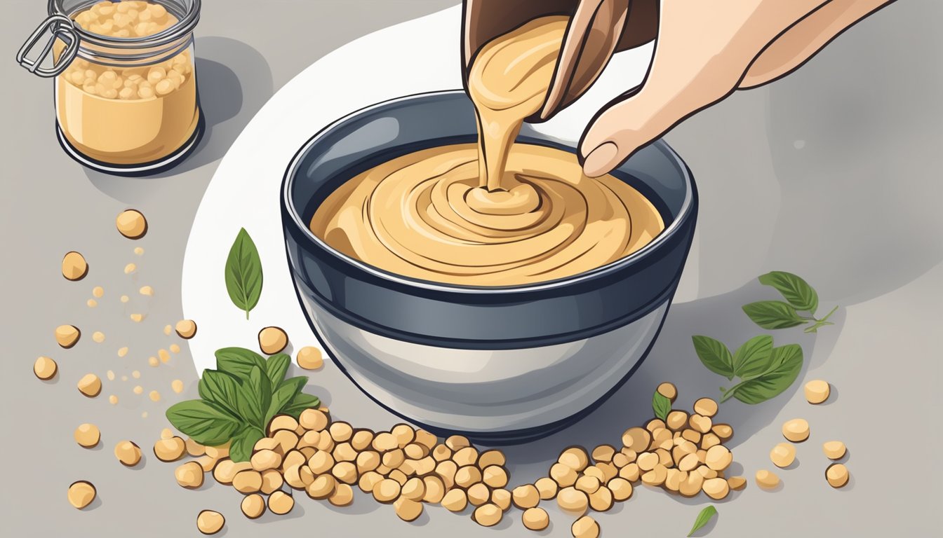 A hand pouring a small amount of natural thickeners, such as tahini or extra chickpeas, into a bowl of watery hummus