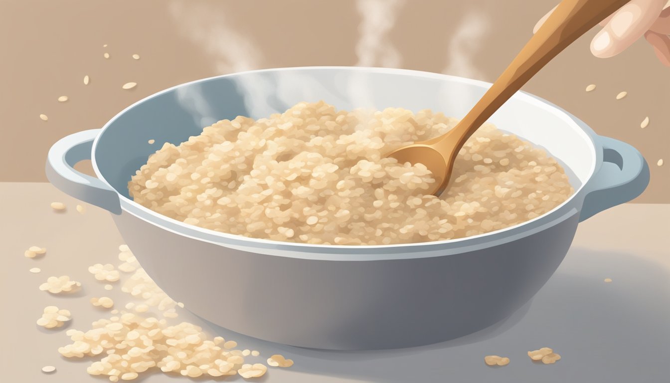 A bowl of overcooked oatmeal being scooped out of a pot with a spoon, steam rising from the thick, lumpy mixture