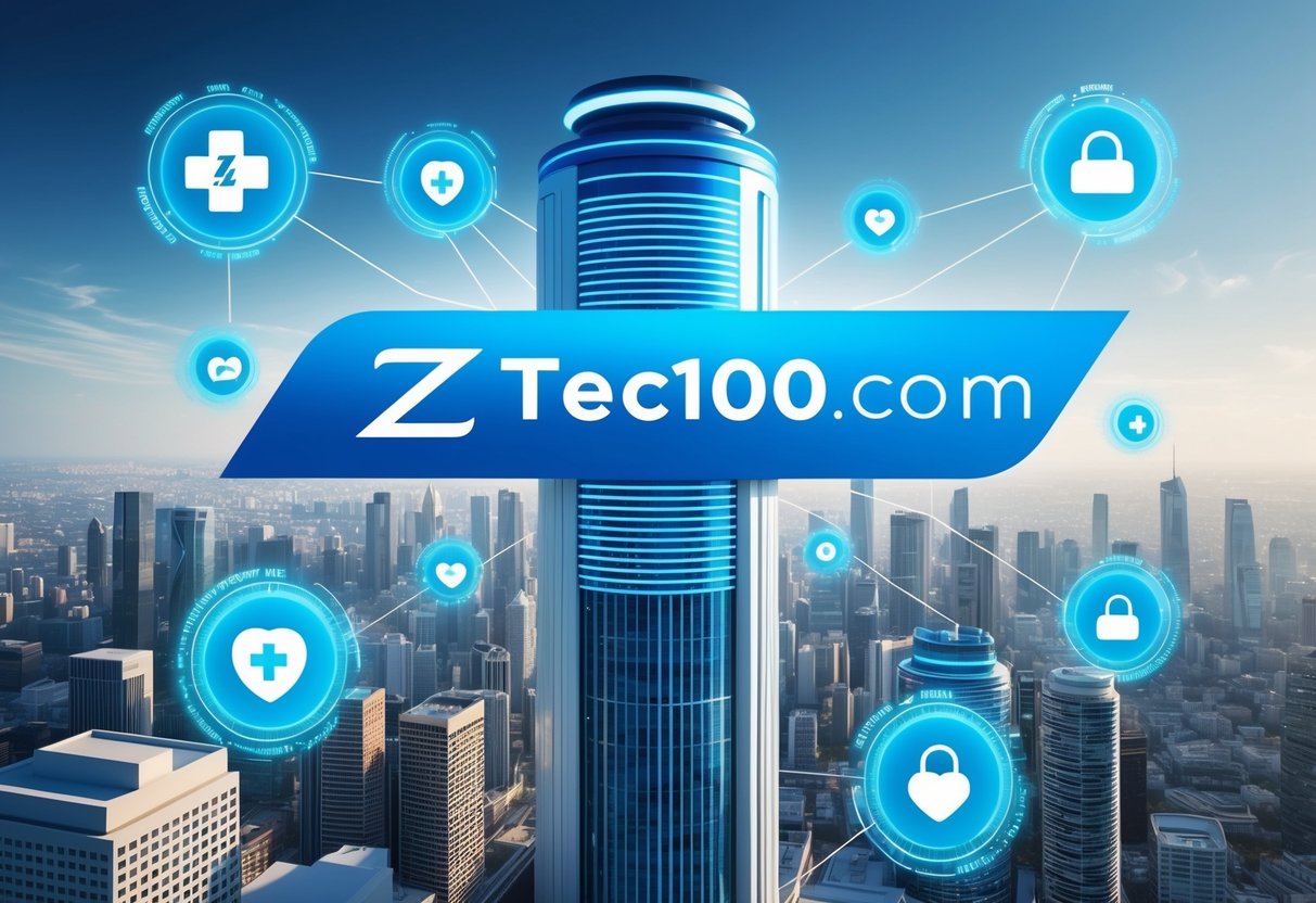 A futuristic city skyline with a prominent Ztec100.com logo displayed on a high-tech building, surrounded by digital health and insurance symbols