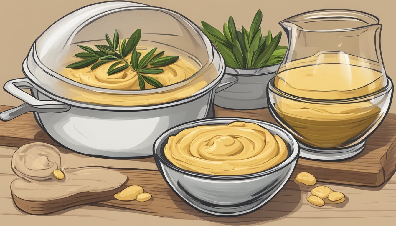 A bowl of hummus being thickened with tahini and olive oil, with a lid nearby for storage