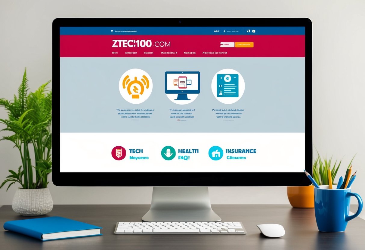 A computer screen displaying Ztec100.com website with icons for tech, health, and insurance FAQs