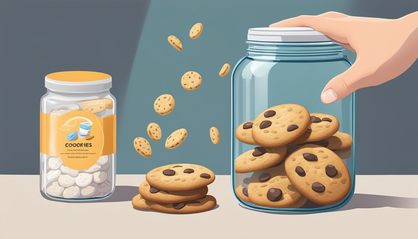 A hand reaching for a jar of cookies, with a small packet of silica gel nearby to absorb moisture and prevent the cookies from becoming stale