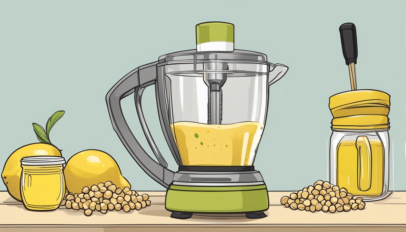 A hand blender mixes chickpeas, tahini, and olive oil to thicken watery hummus. Lemon juice and garlic add flavor