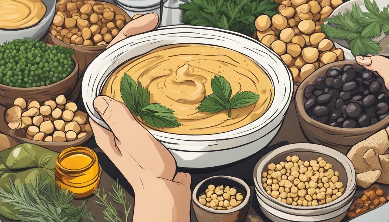 A hand reaching for a bowl of watery hummus, surrounded by chickpeas, olive oil, and various herbs and spices