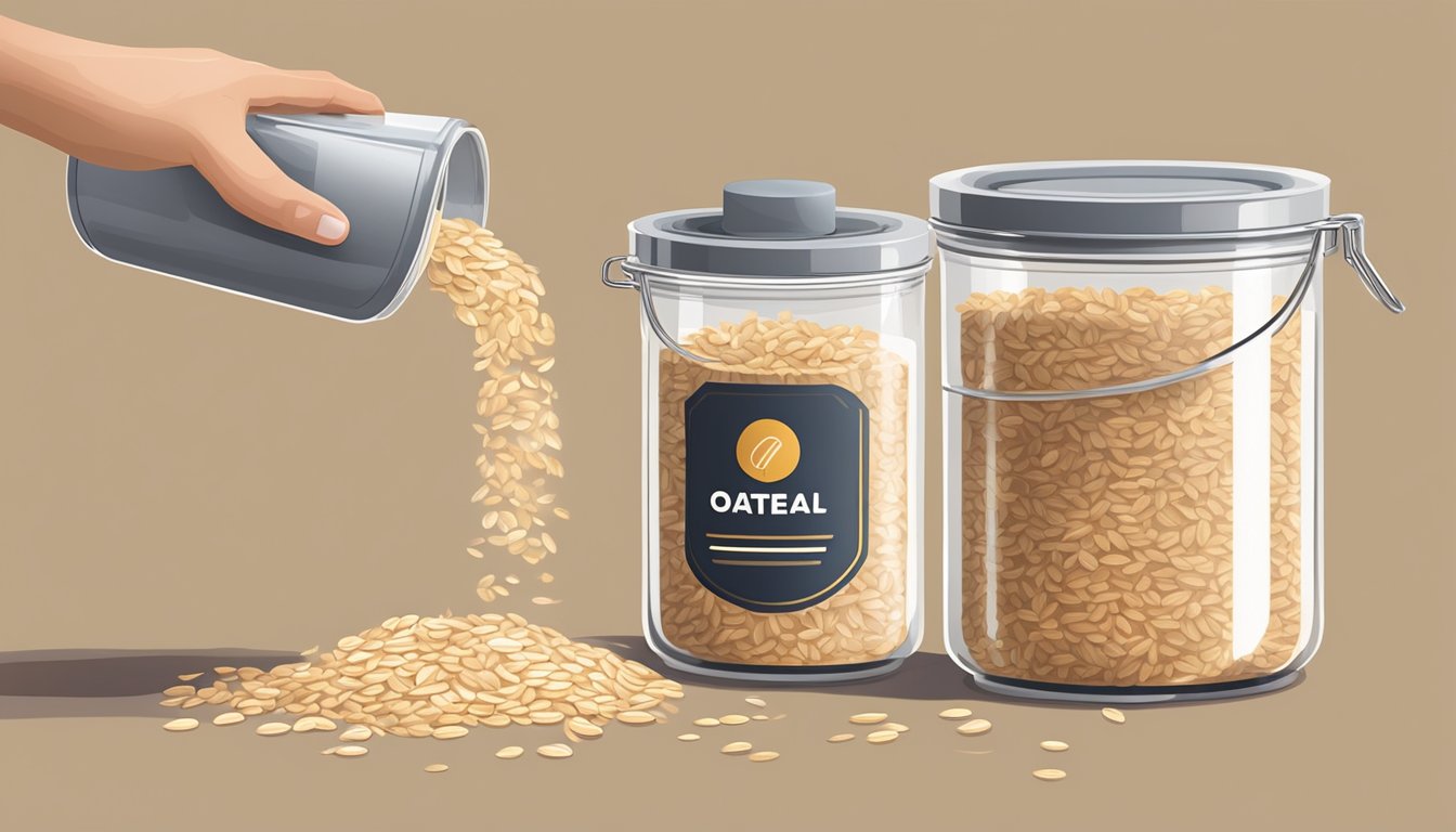 A hand pouring overcooked oatmeal into a clear, airtight storage container with a secure lid