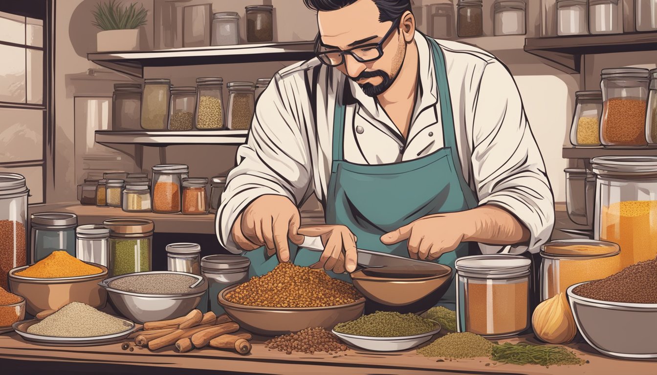 A butcher carefully measuring and mixing various spices and seasonings to create a balanced and flavorful curing mixture for meats