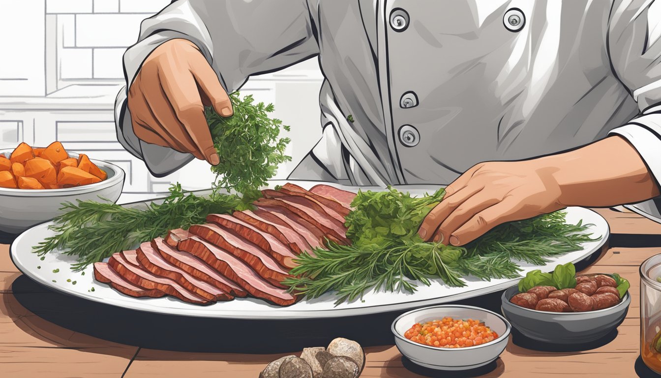 A chef sprinkles fresh herbs onto a platter of cured meats, adding a pop of color and flavor to balance out the saltiness