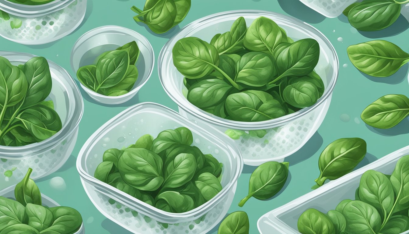 Fresh spinach being gently washed and placed in ice water, then arranged neatly in a colander to drain