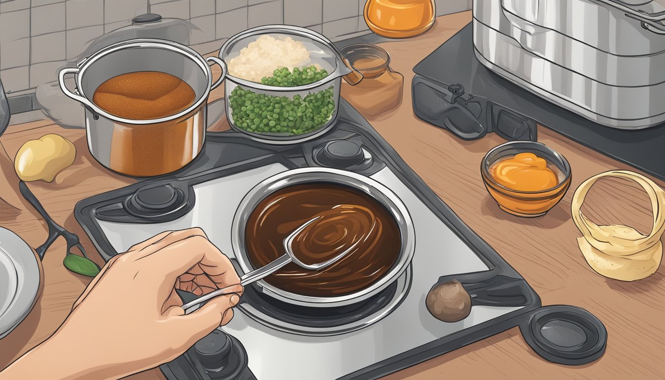 A hand stirring a pot of burnt sauce with alternative ingredients and additions on a stovetop