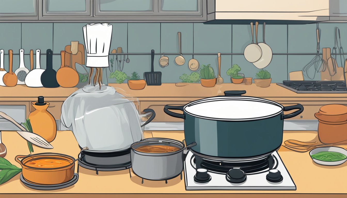 A pot of sauce simmers on a stovetop, a timer nearby. A chef stirs with a wooden spoon, adjusting the heat. A second pot sits, ready to replace the first if needed