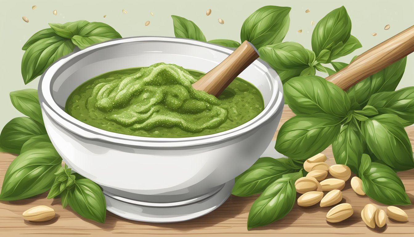 A mortar and pestle crushing fresh basil and pine nuts, with a stream of olive oil being drizzled in to create a thick and creamy pesto sauce