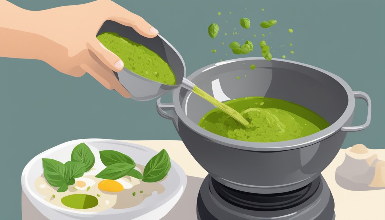 A chef stirring thickener into runny pesto in a mortar