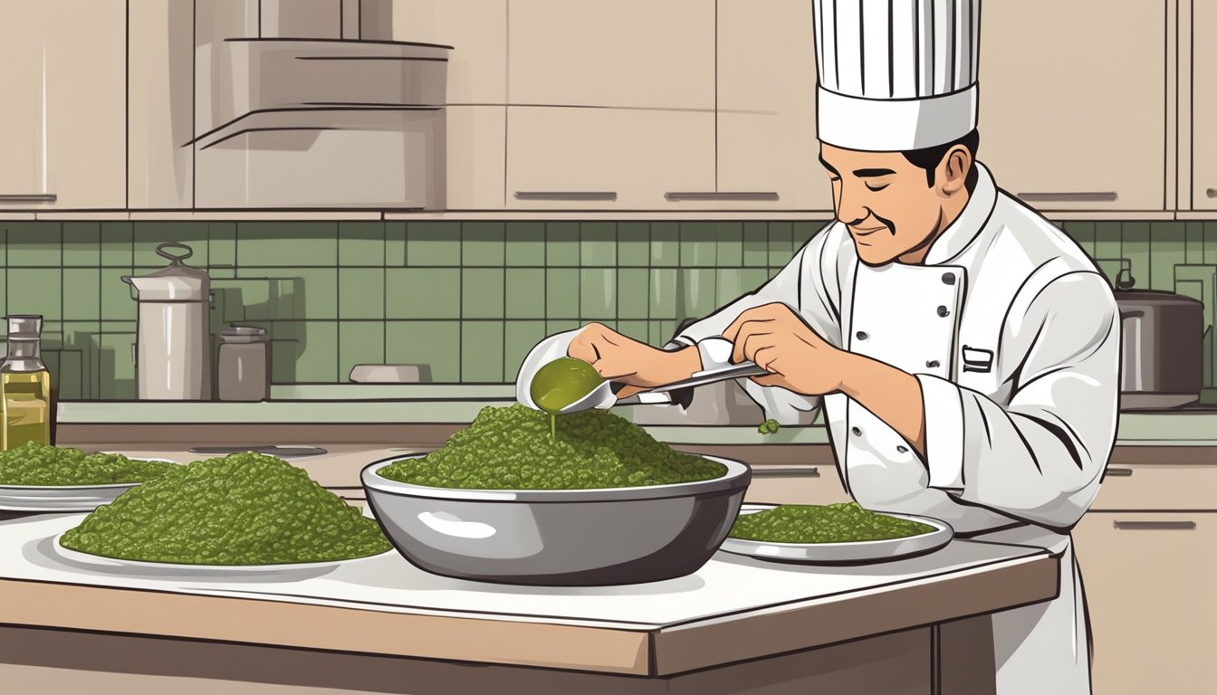 A chef adding small amounts of olive oil to a bowl of pesto, using a spoon to mix until the desired consistency is achieved