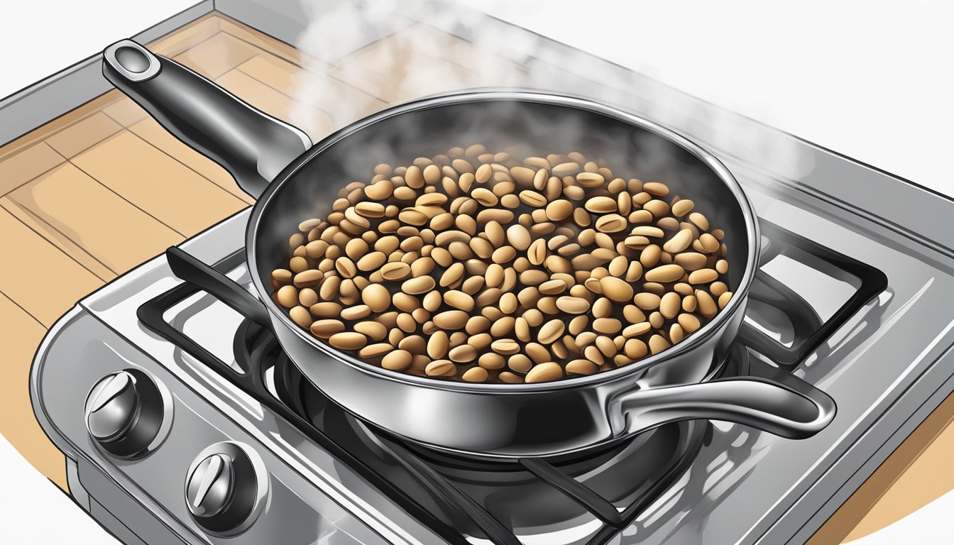 A pot of beans boiling over on a stovetop, with steam rising and the beans spilling out onto the burner