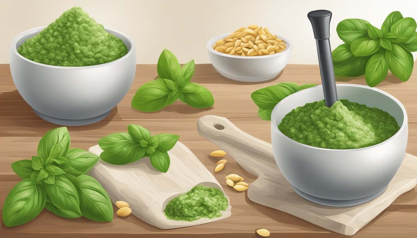 A pestle and mortar crushing basil and pine nuts, slowly thickening the watery pesto into a creamy consistency