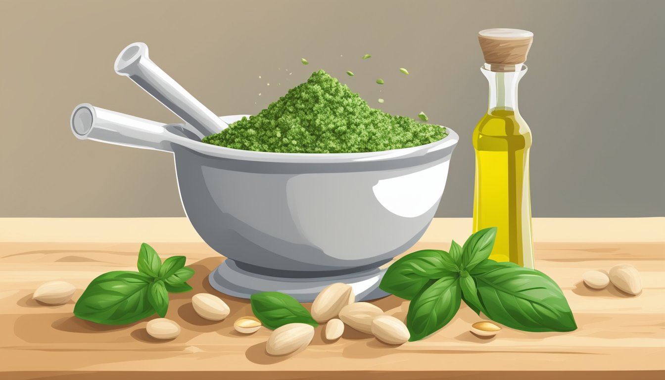 A mortar and pestle crushing fresh basil and pine nuts, releasing a vibrant aroma, while olive oil is slowly drizzled in to fix the watery pesto