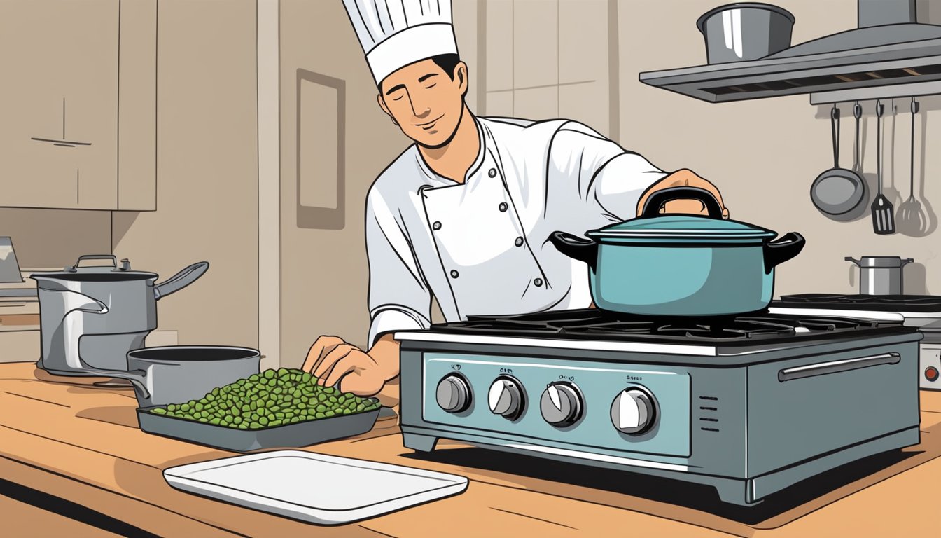 A timer set next to a pot of beans on a stove, with a chef's hand reaching to turn off the heat before they overcook