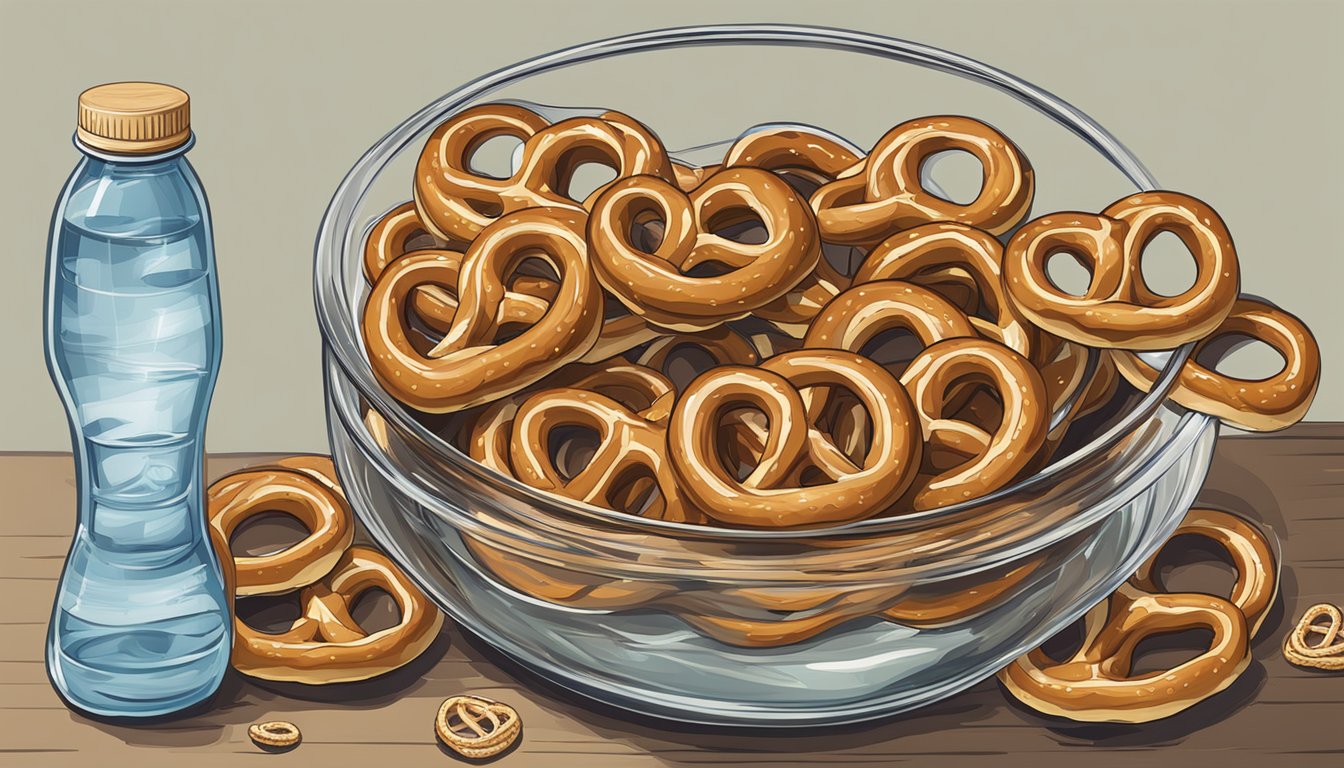 Airtight container with fresh pretzels next to a bowl of water reviving stale pretzels