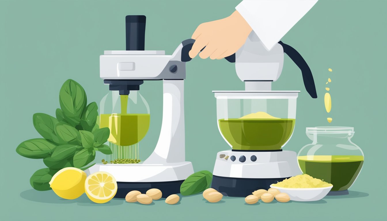 A hand pouring olive oil into a food processor filled with basil, pine nuts, and garlic to fix watery pesto