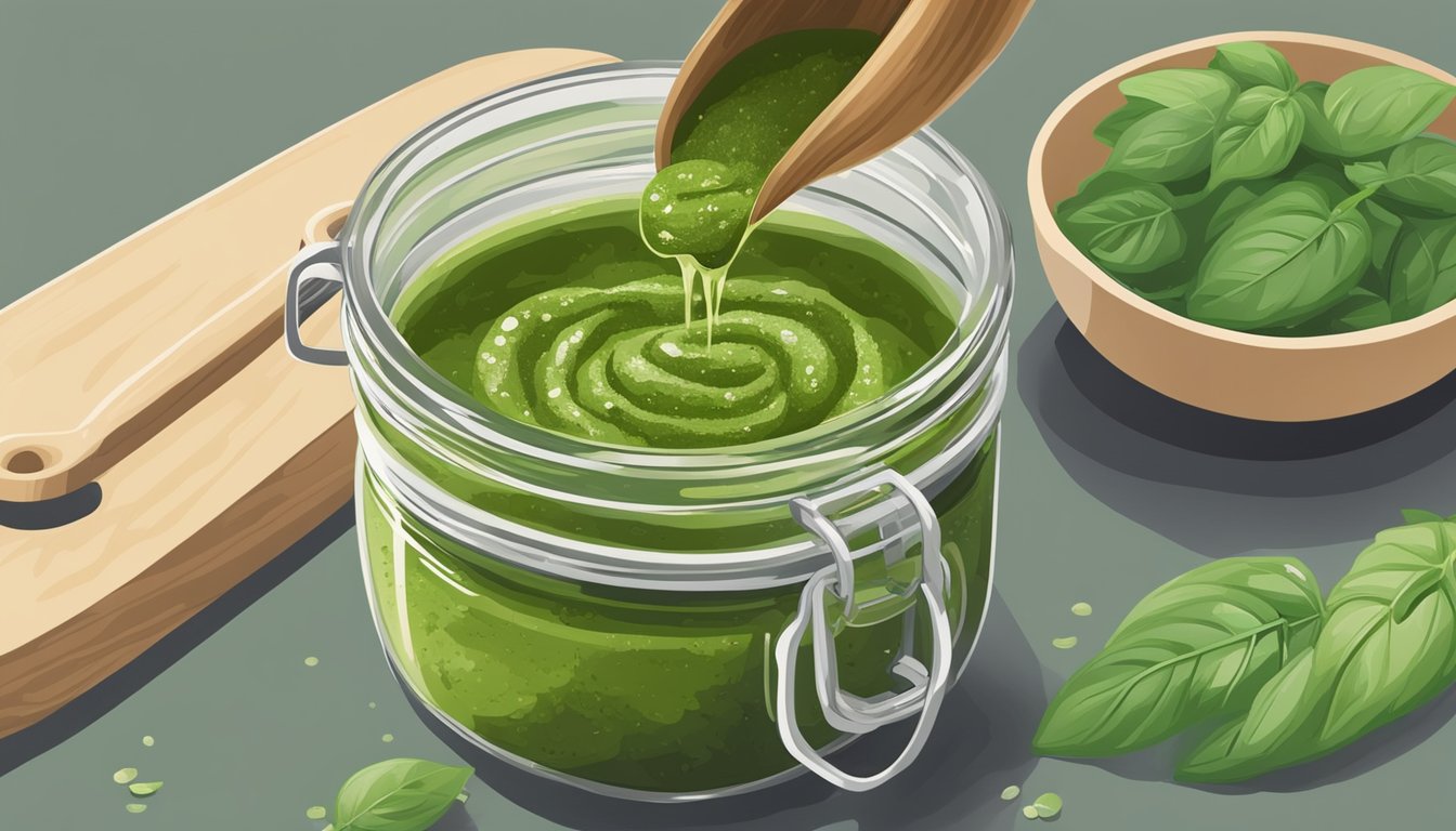 A jar of pesto sits next to a blender with a handful of basil leaves and a drizzle of olive oil being added to thicken it