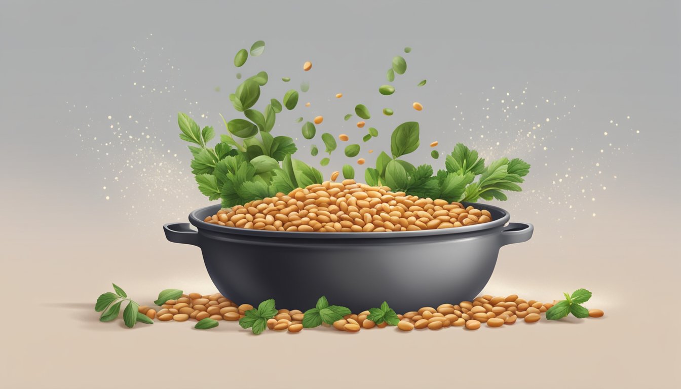 A pot of overcooked beans being sprinkled with herbs and spices to enhance flavor and balance seasoning