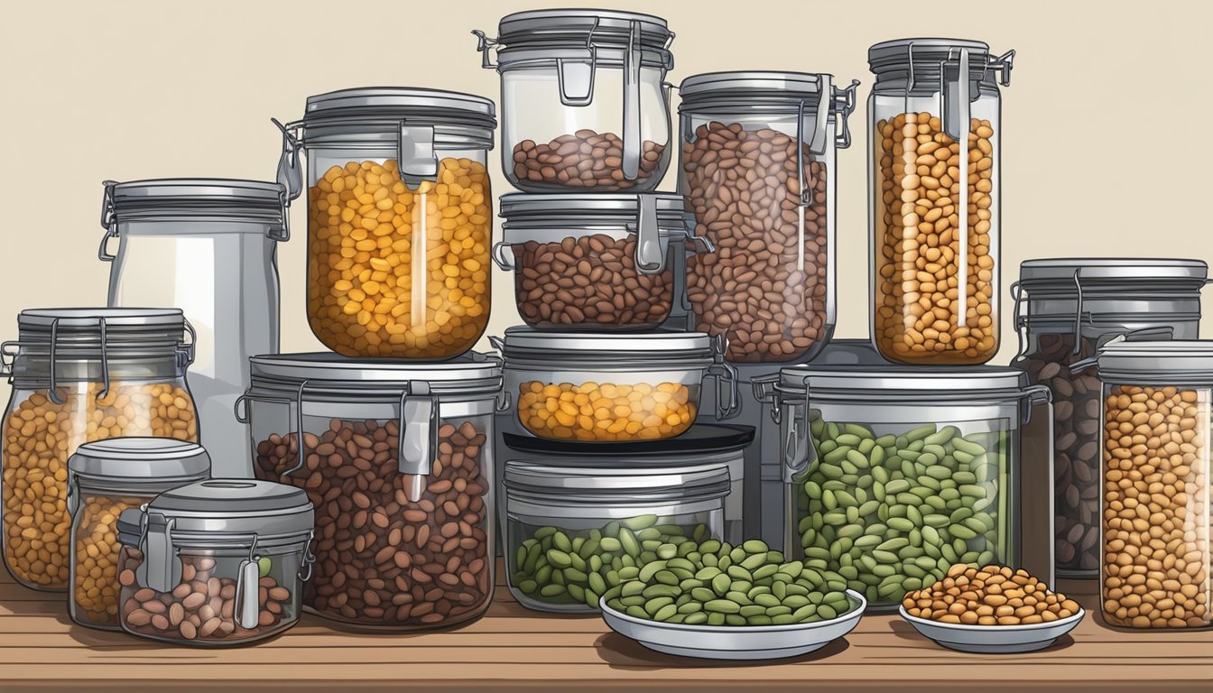 Airtight container filled with cooked beans, surrounded by various preservation methods such as vacuum sealing, freezing, and canning